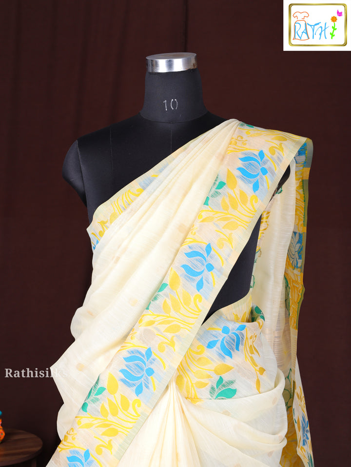 Elegant Cream Synthetic Cotton Saree