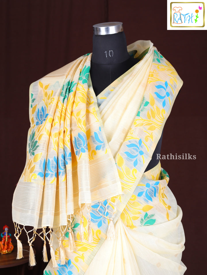 Elegant Cream Synthetic Cotton Saree