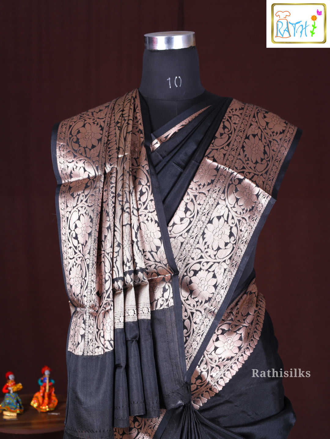 Elegant Black and Gold Synthetic Saree