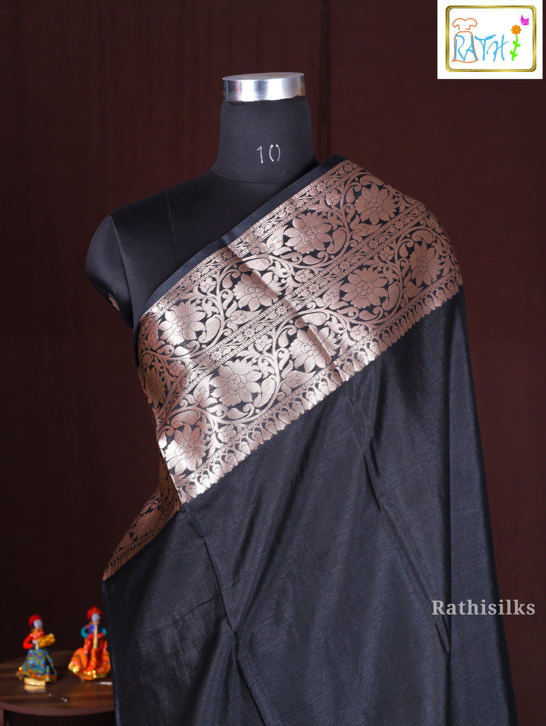 Elegant Black and Gold Synthetic Saree