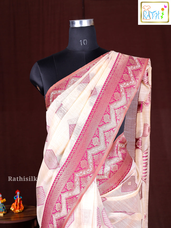 Crimson & Cream Geometric Woven Saree