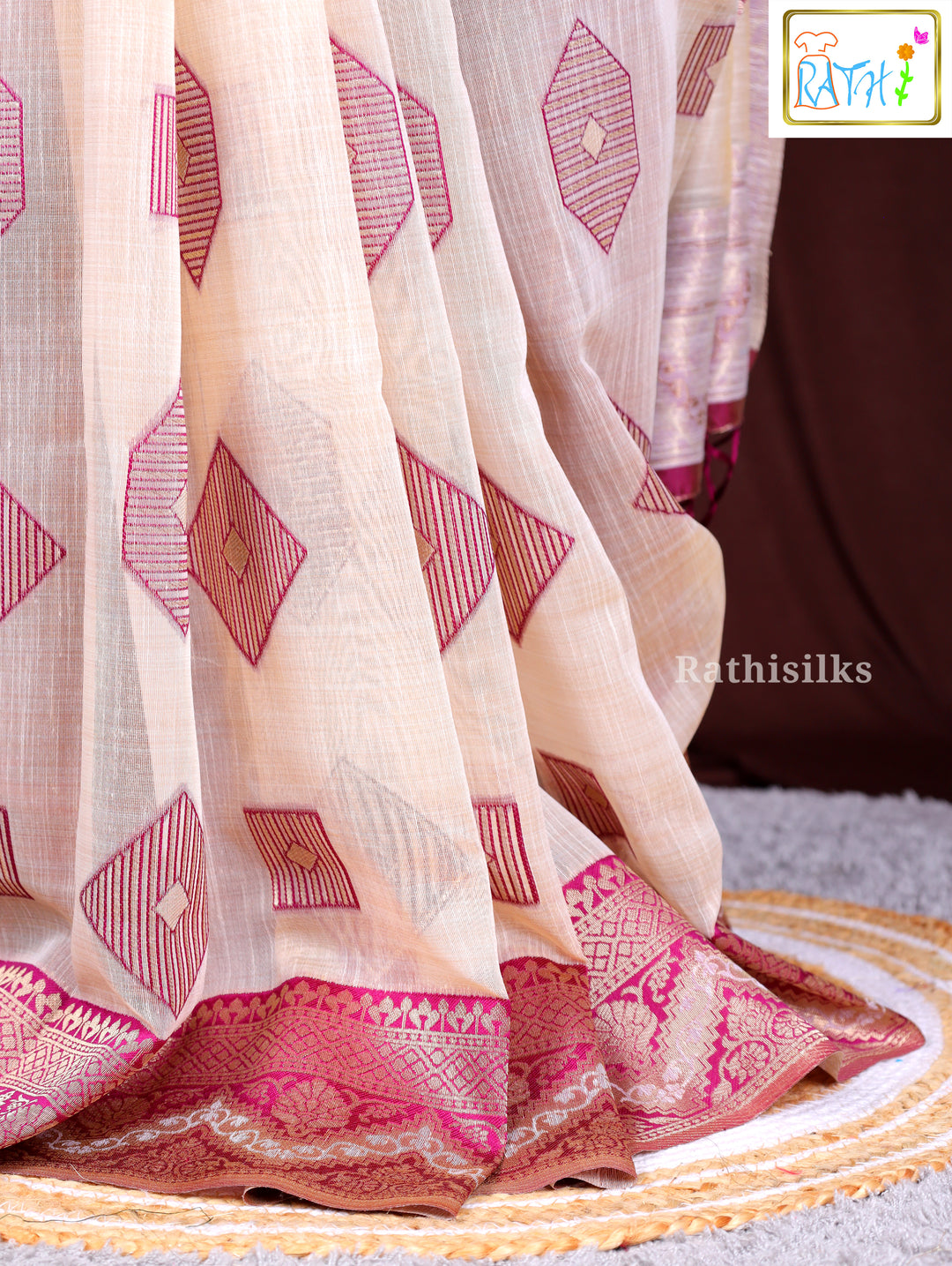 Crimson & Cream Geometric Woven Saree