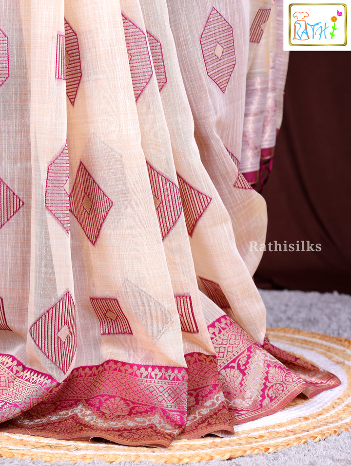Crimson & Cream Geometric Woven Saree
