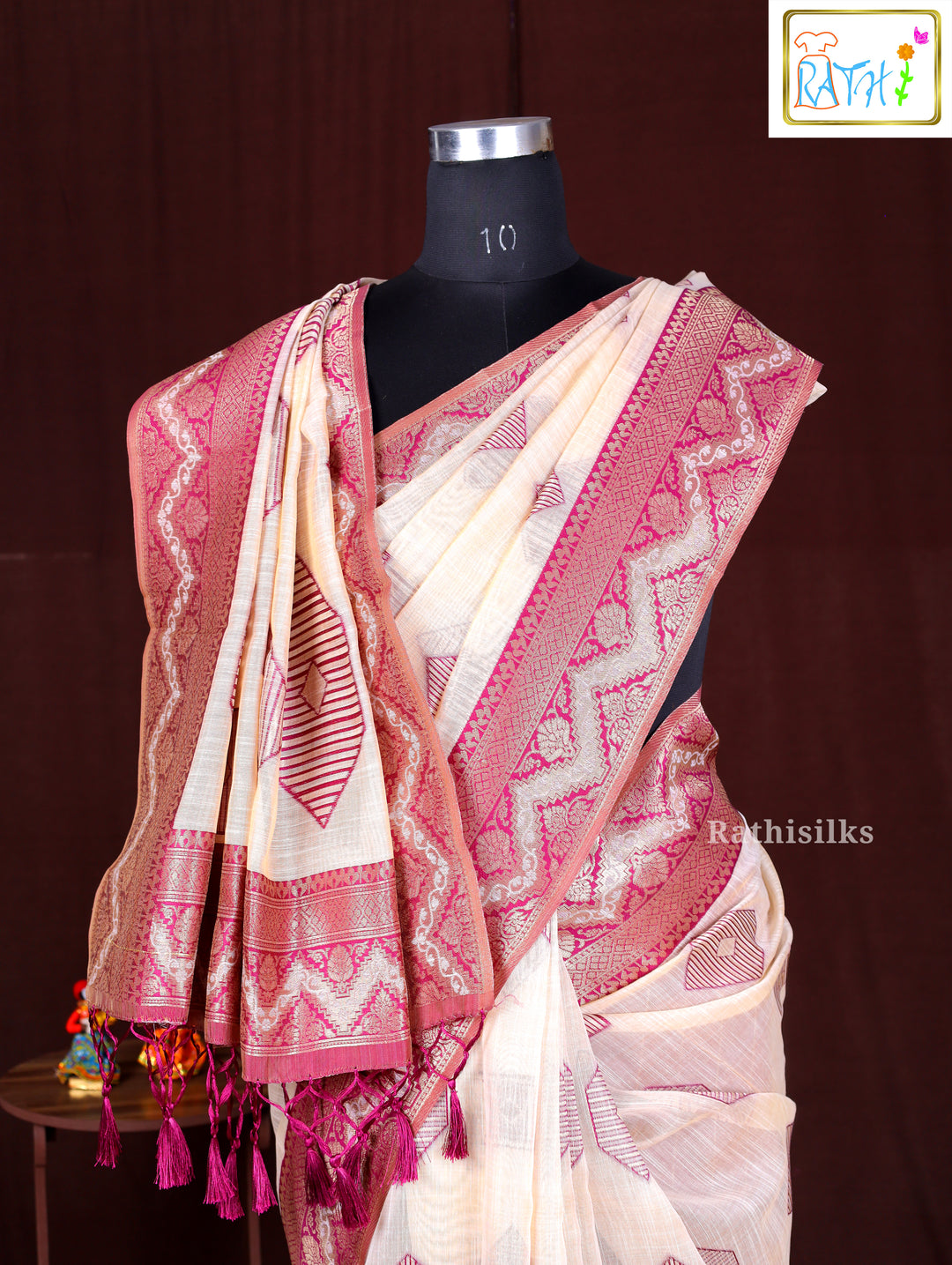 Crimson & Cream Geometric Woven Saree