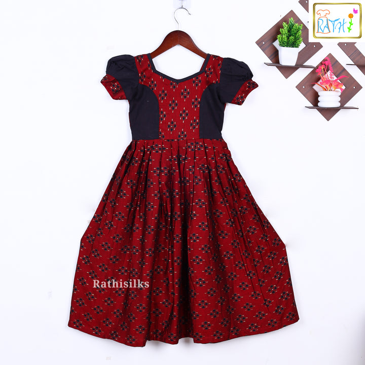 Elegant Maroon & Black Cotton Frock