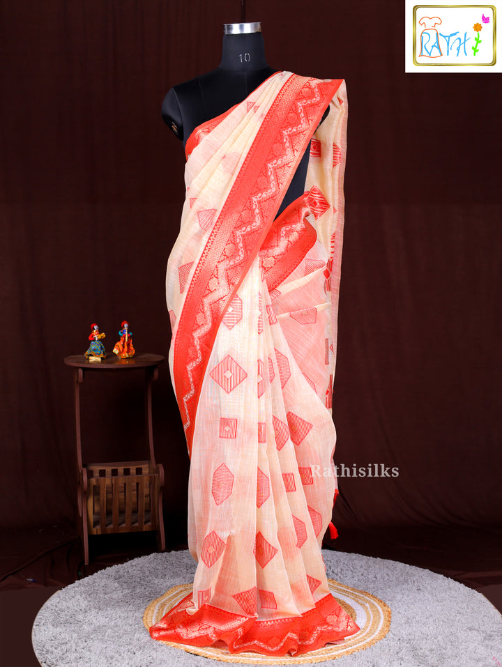 Crimson & Cream Geometric Woven Saree
