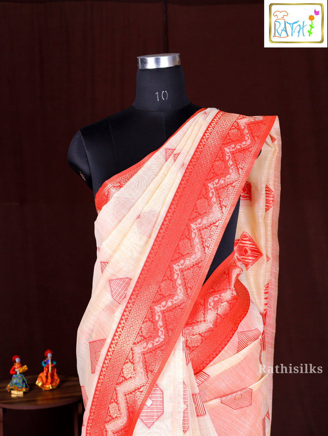 Crimson & Cream Geometric Woven Saree