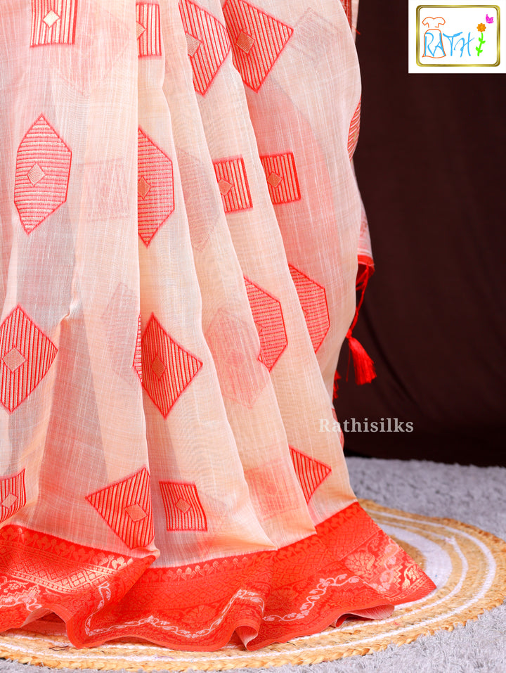 Crimson & Cream Geometric Woven Saree