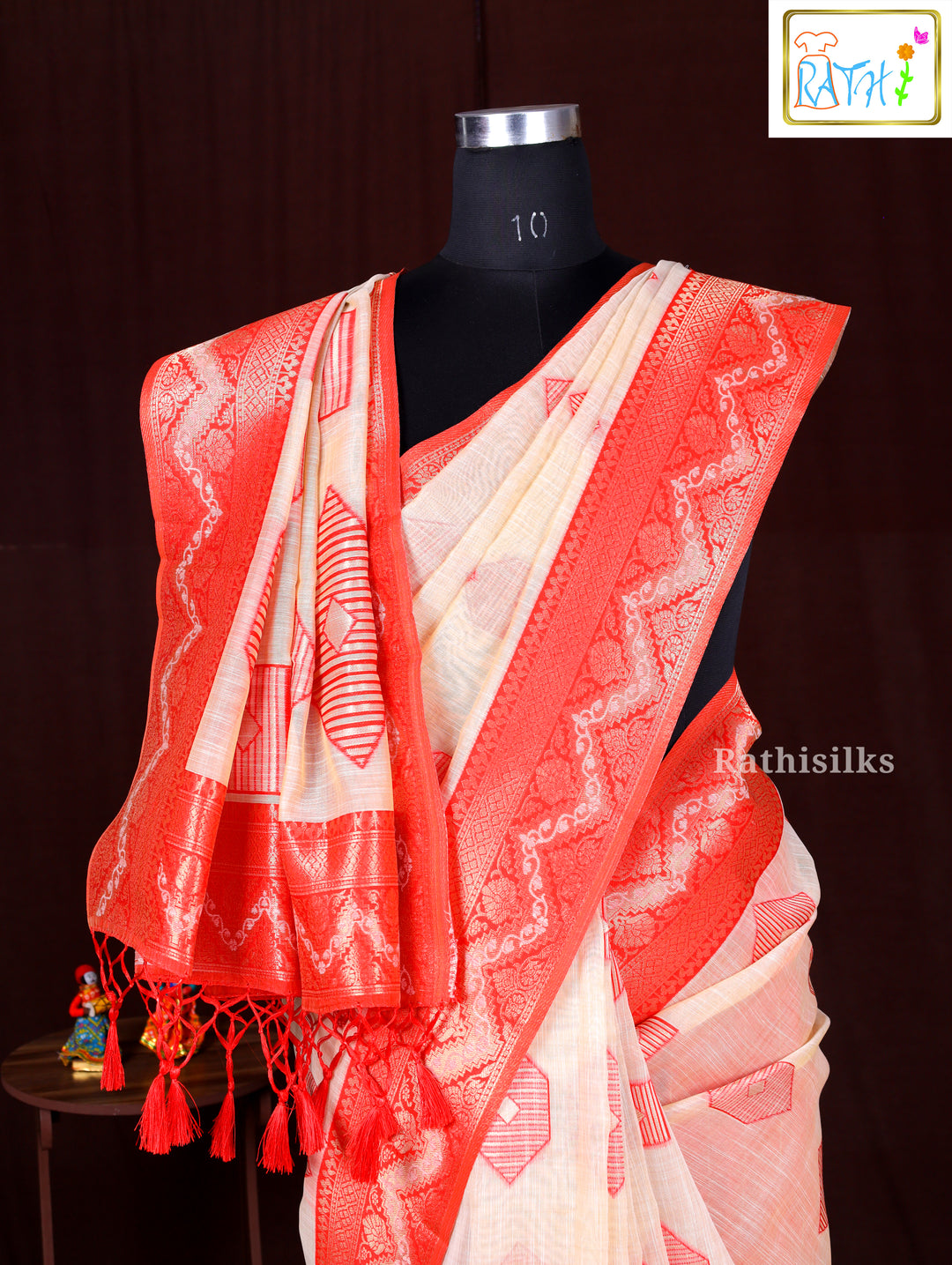 Crimson & Cream Geometric Woven Saree