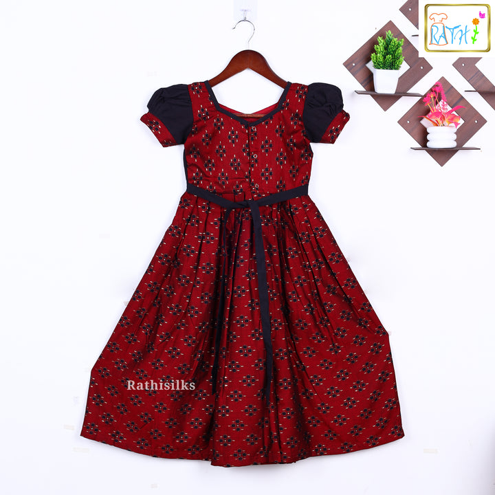Elegant Maroon & Black Cotton Frock