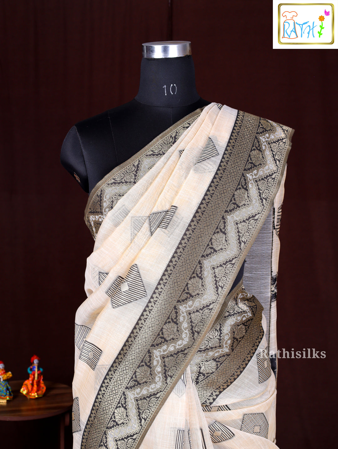 Elegant Cream and Black Geometric Woven Saree
