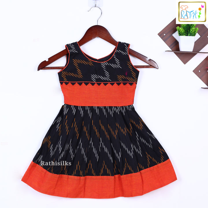 Elegant Black & Orange Ikat Cotton Frock