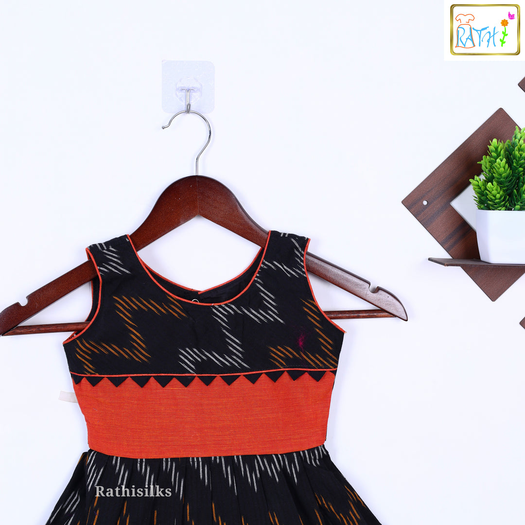 Elegant Black & Orange Ikat Cotton Frock