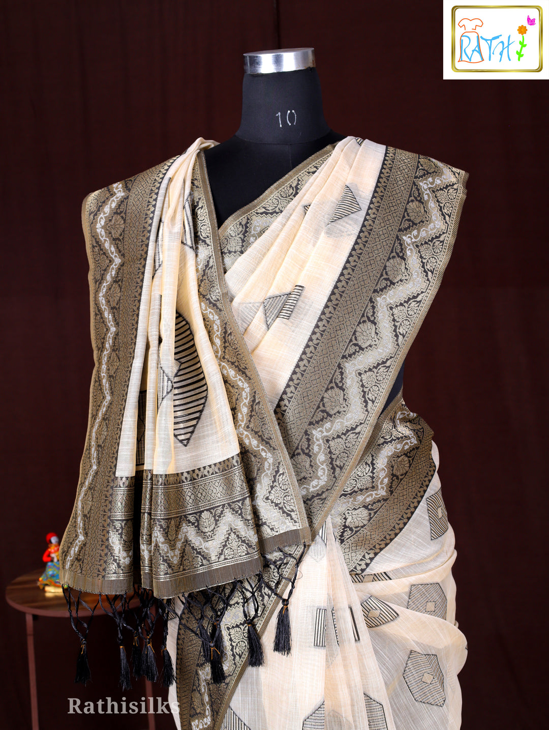 Elegant Cream and Black Geometric Woven Saree
