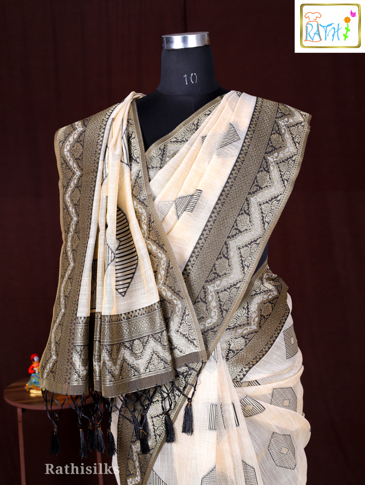 Elegant Cream and Black Geometric Woven Saree