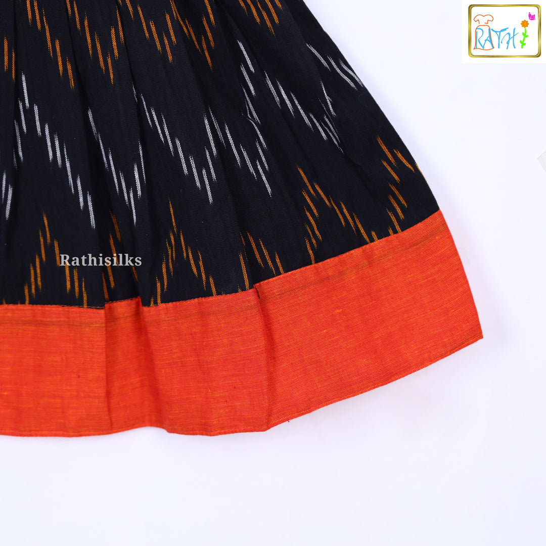 Elegant Black & Orange Ikat Cotton Frock