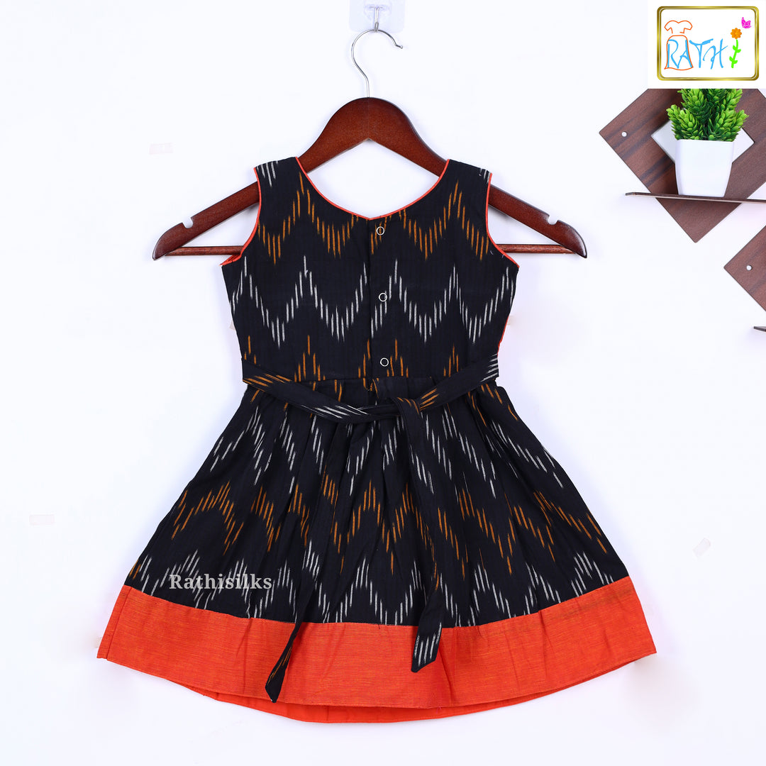 Elegant Black & Orange Ikat Cotton Frock