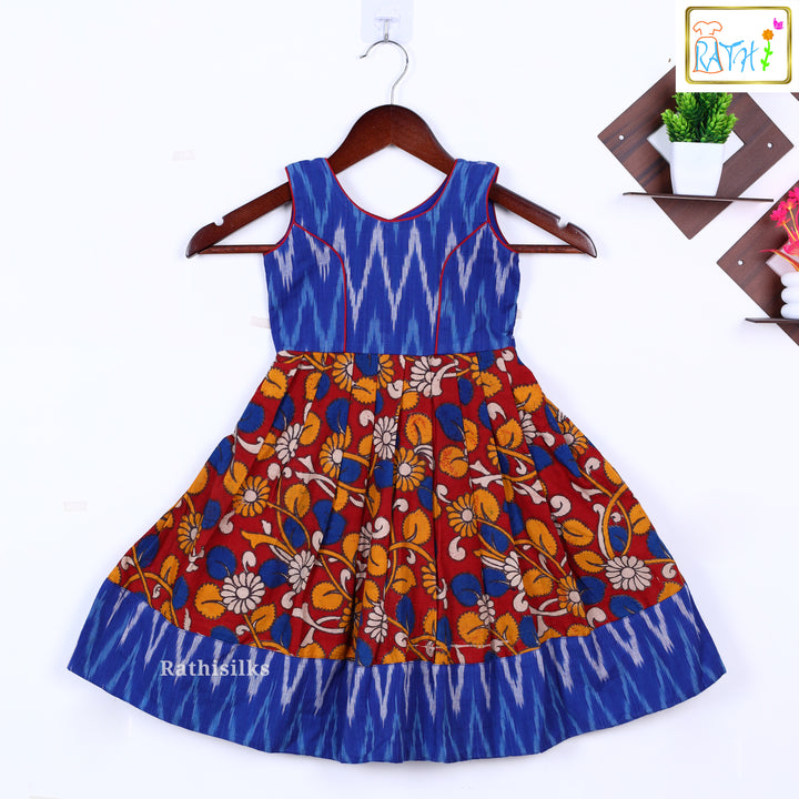 Blue Ikat & Kalamkari Cotton Frock
