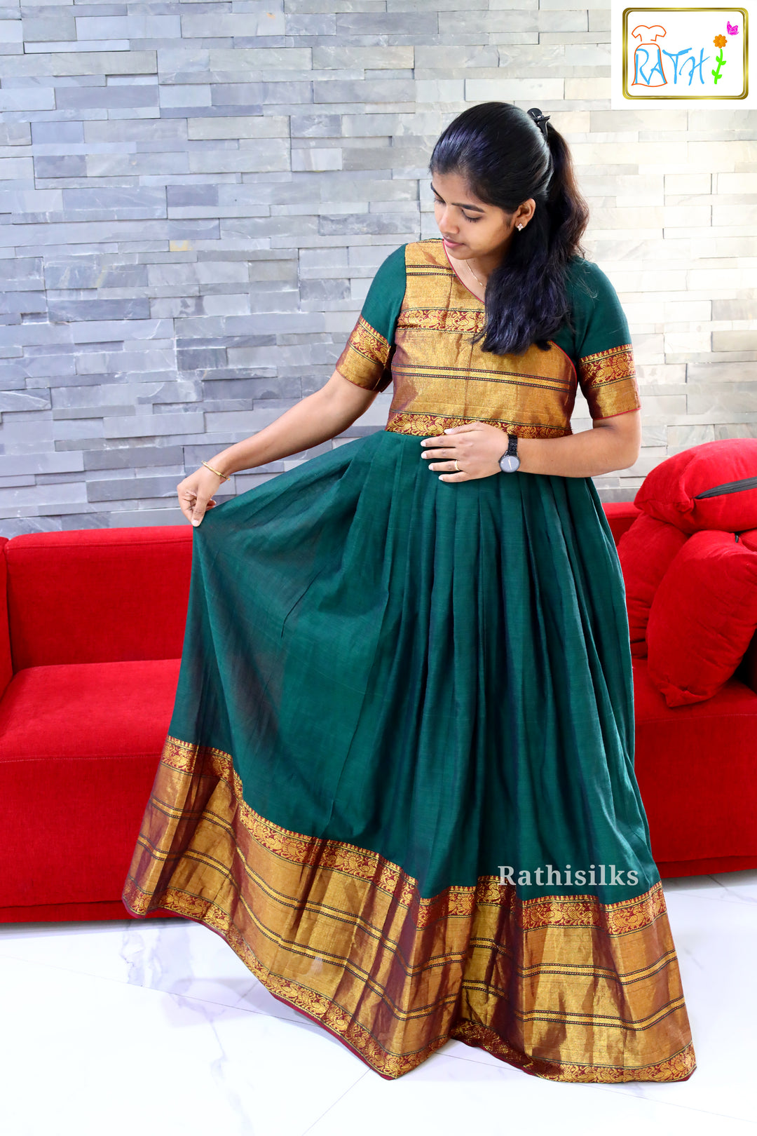 Teal Green Narayanapet Cotton Floor-Length Ethnic Gown