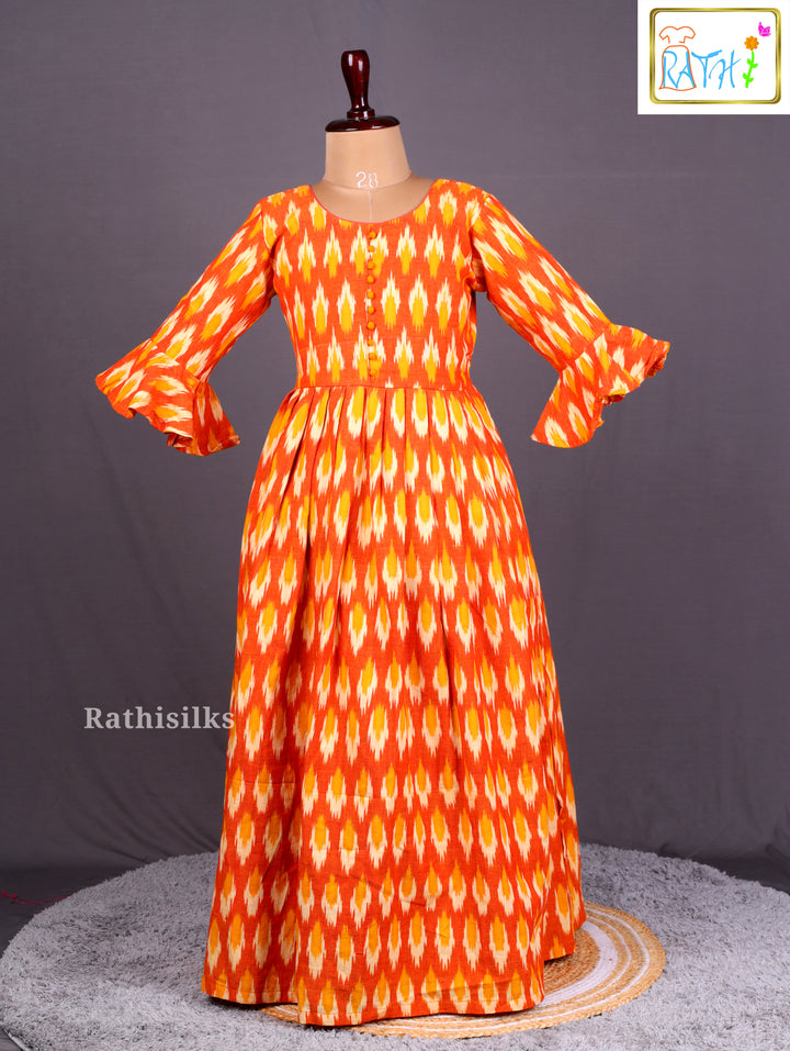 Trendy Orange Ikat Cotton Frock