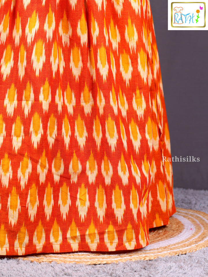 Trendy Orange Ikat Cotton Frock