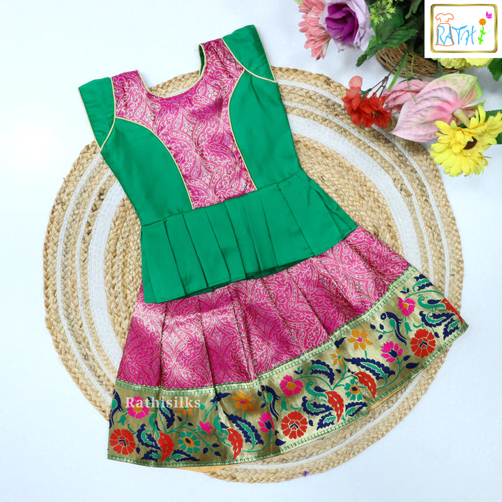 Elegant Green & Pink Art Silk Pavadai Set