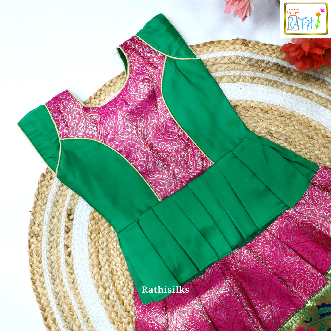 Elegant Green & Pink Art Silk Pavadai Set