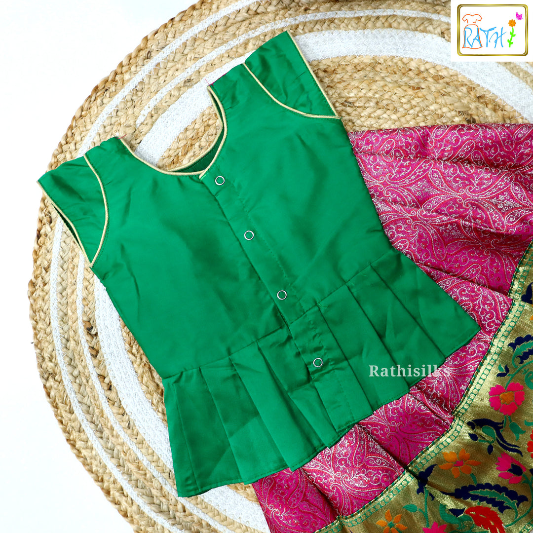 Elegant Green & Pink Art Silk Pavadai Set