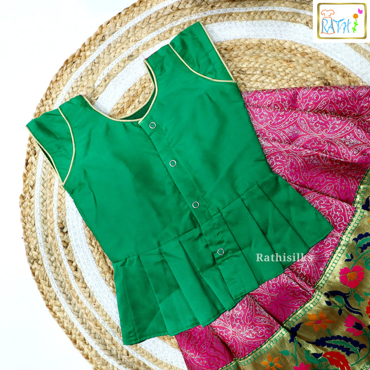 Elegant Green & Pink Art Silk Pavadai Set