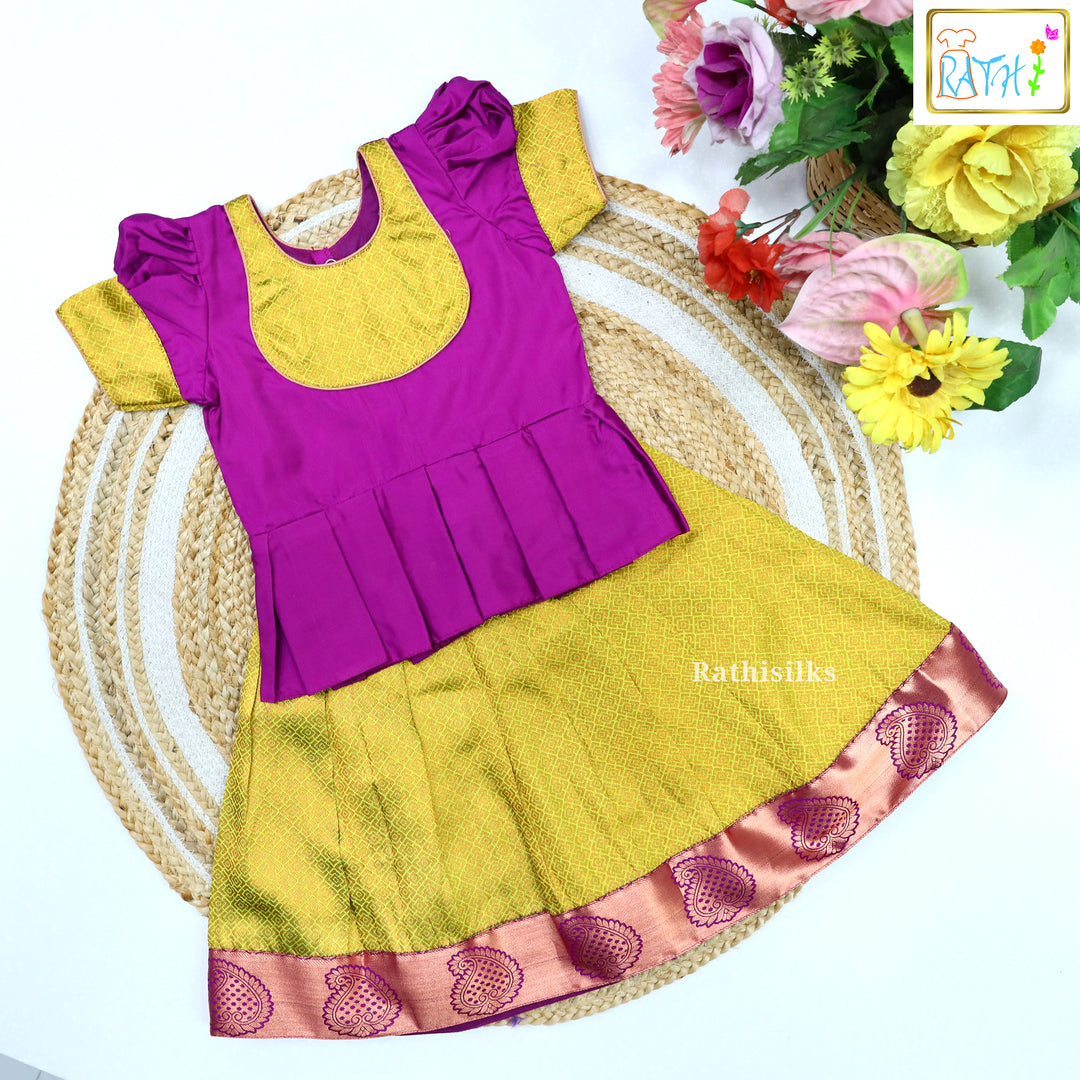 Festive Pink Karishma Top & Yellow Art Silk Pavadai Set