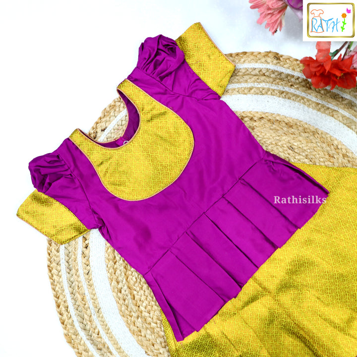 Festive Pink Karishma Top & Yellow Art Silk Pavadai Set