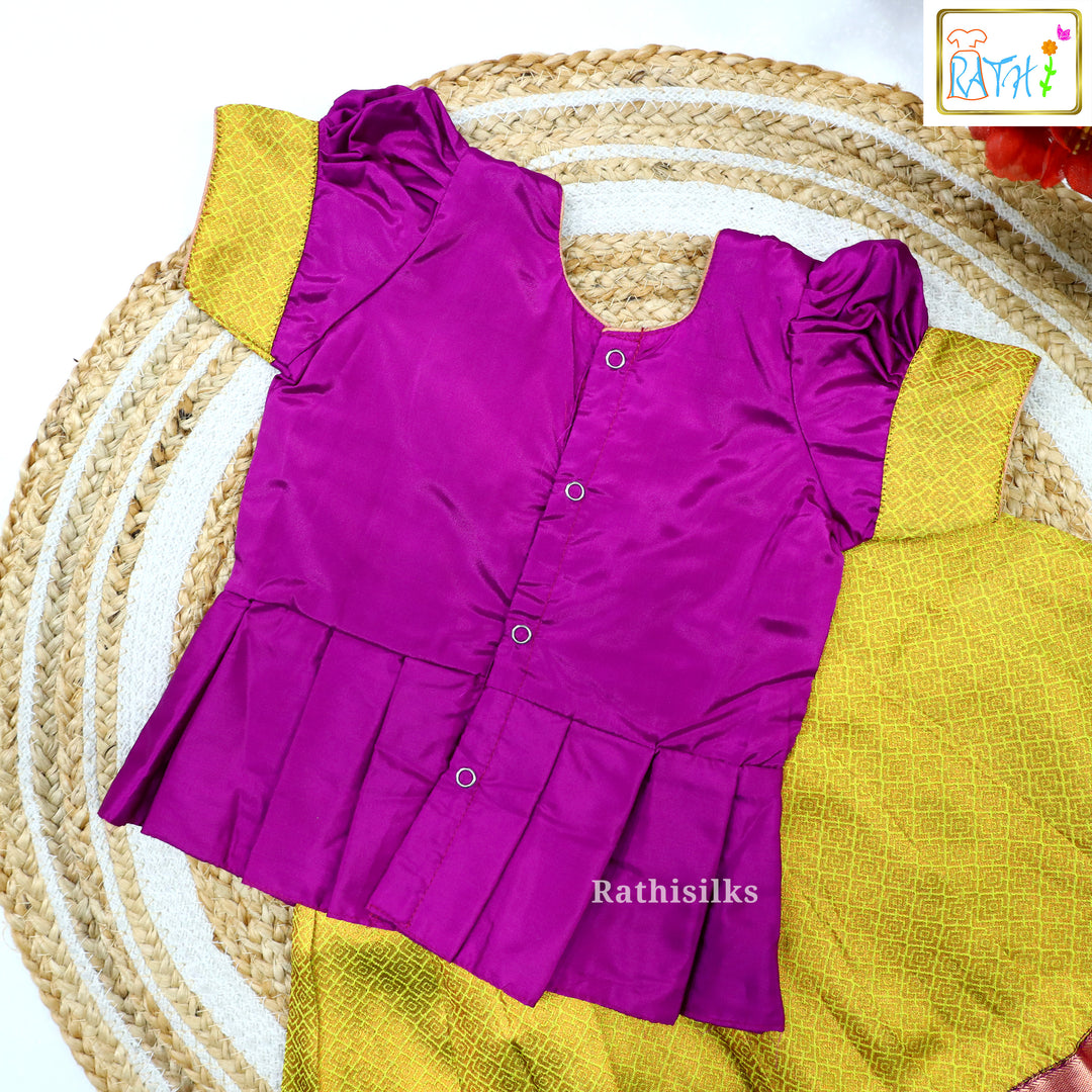 Festive Pink Karishma Top & Yellow Art Silk Pavadai Set