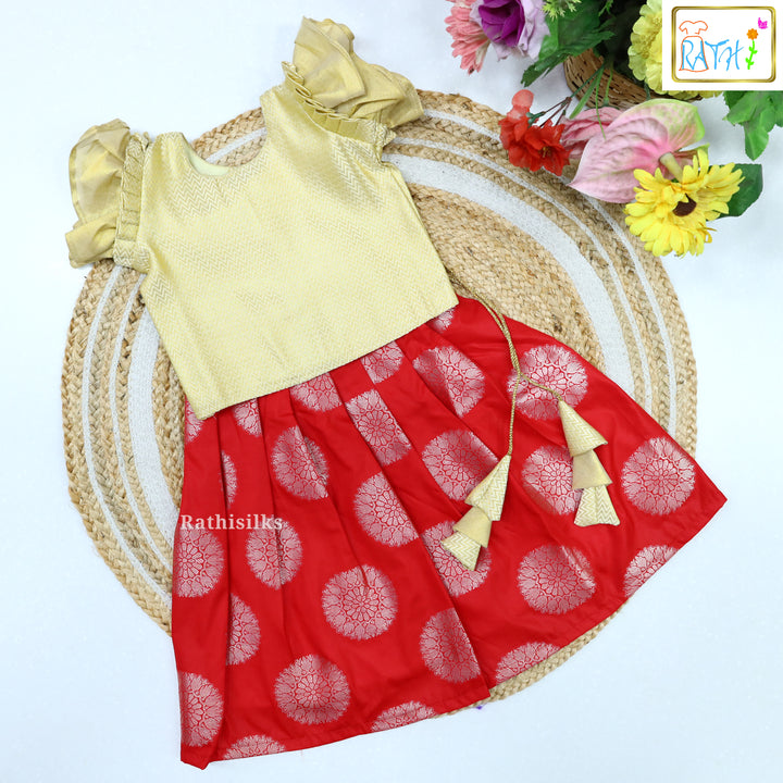 Gold Blouse with Red Art Silk Pavadai Set