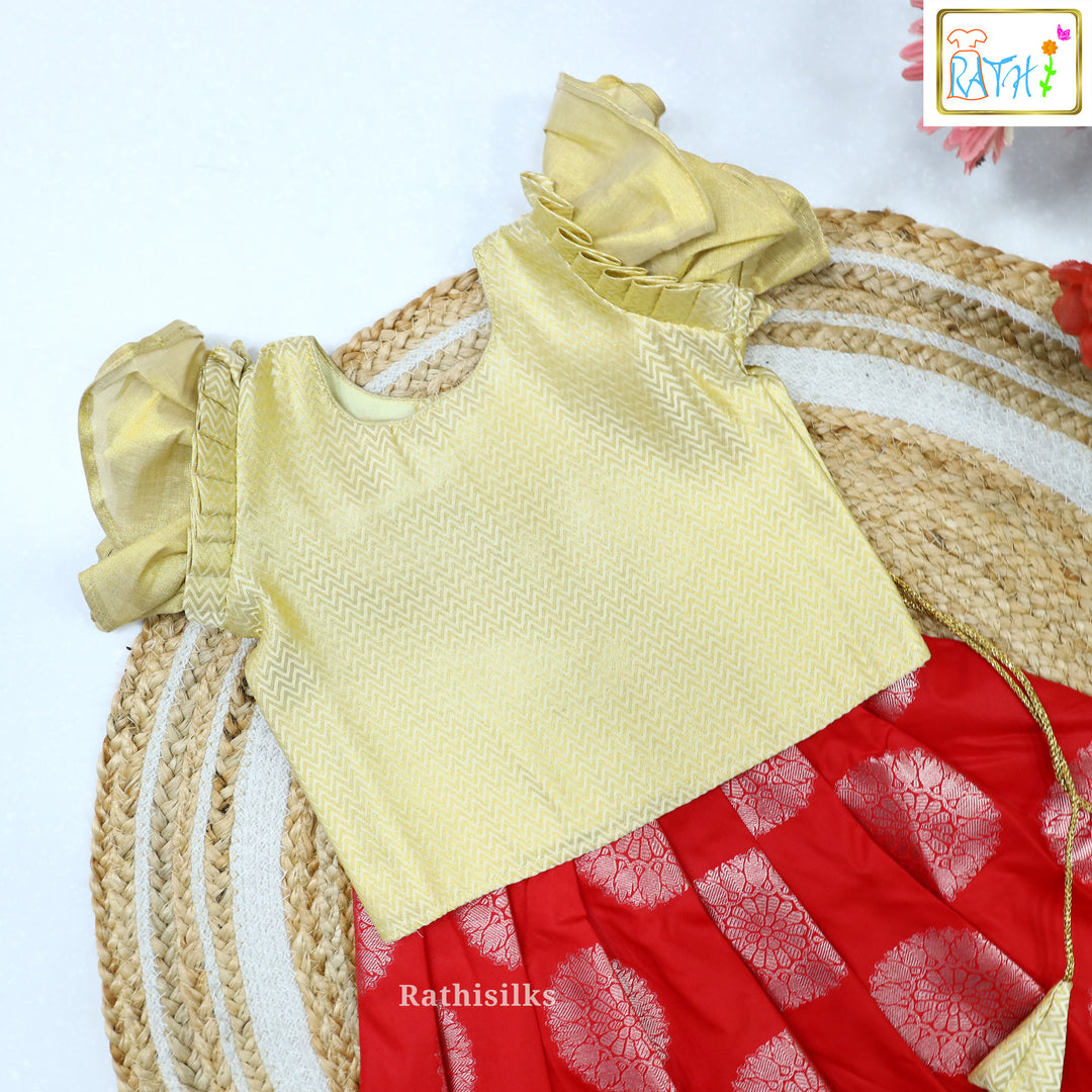 Gold Blouse with Red Art Silk Pavadai Set