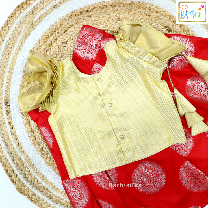 Gold Blouse with Red Art Silk Pavadai Set