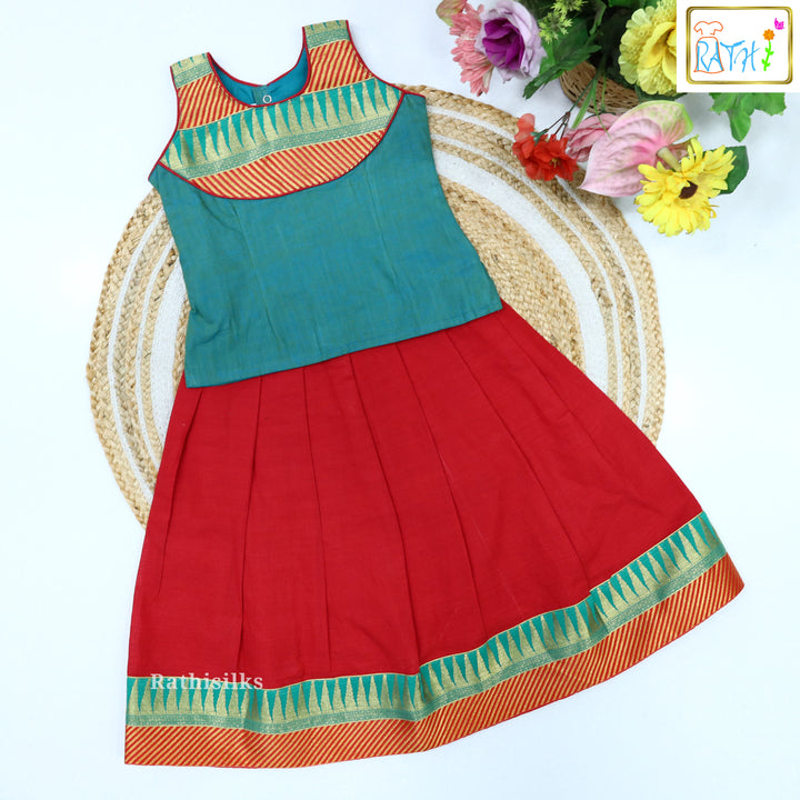 Red & Green Traditional Cotton Pavadai Set