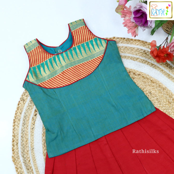 Red & Green Traditional Cotton Pavadai Set