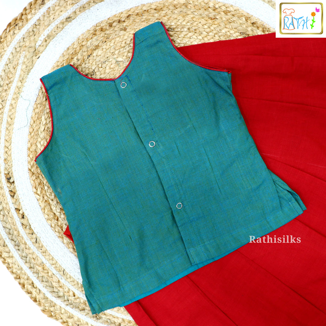 Red & Green Traditional Cotton Pavadai Set