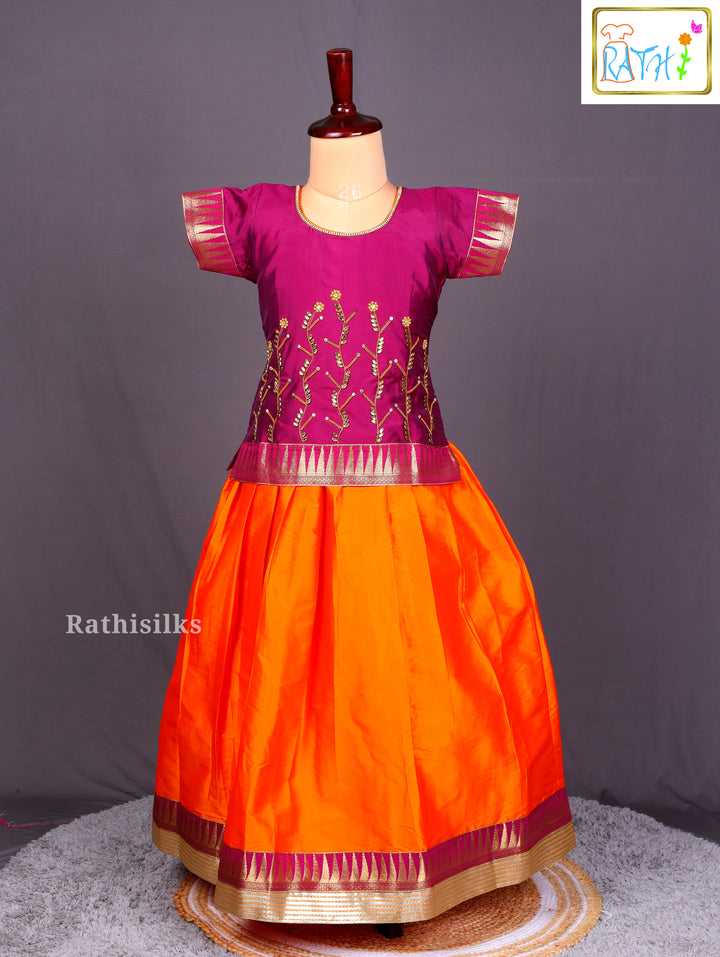 Magenta & Orange Art Silk Pavadai Sattai