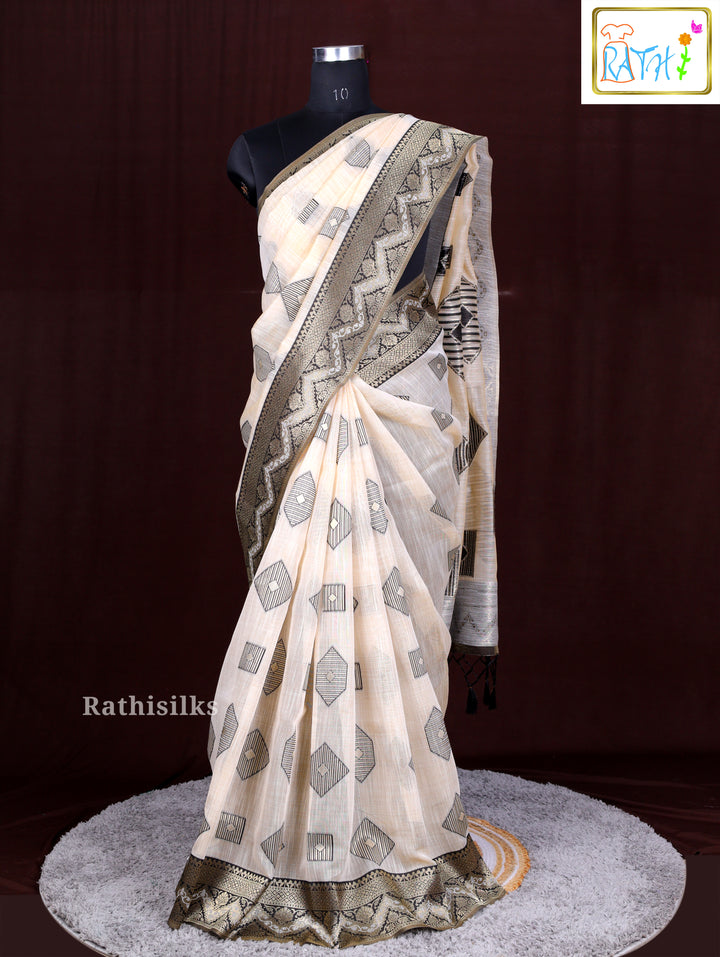 Elegant Cream and Black Geometric Woven Saree