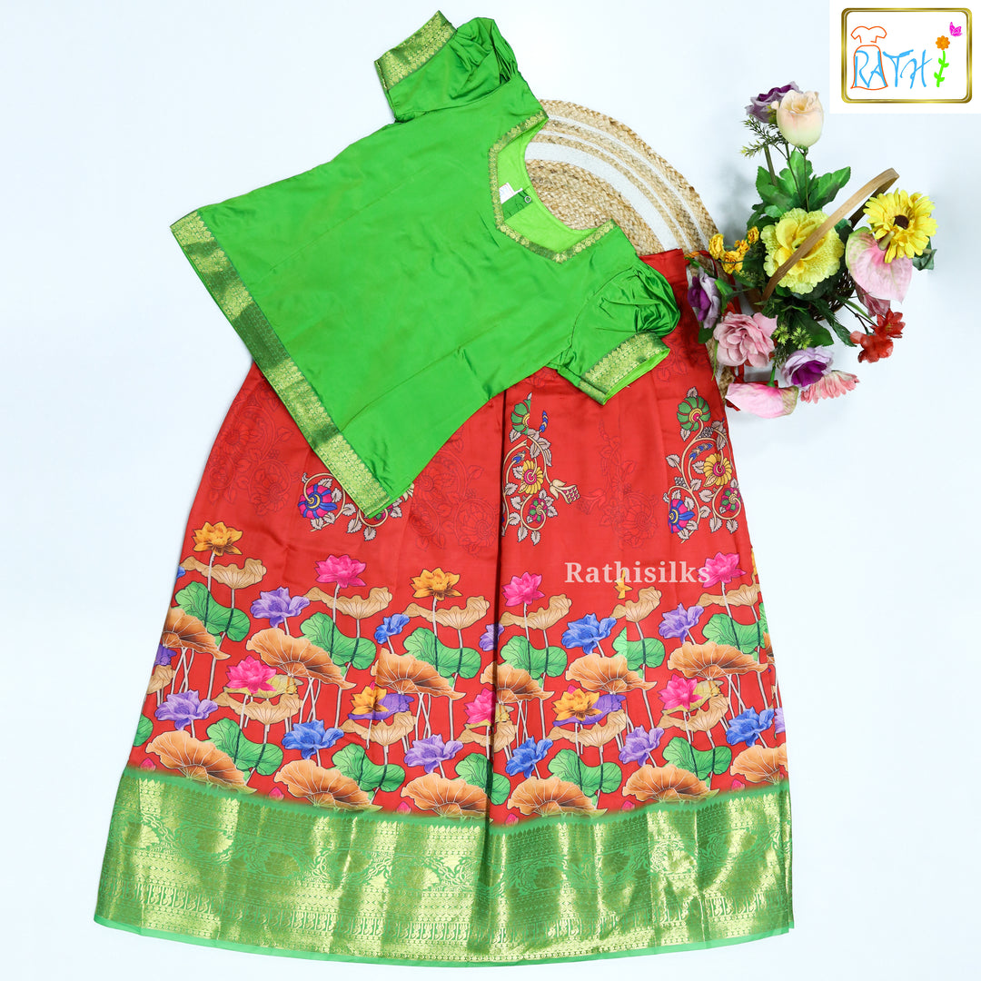 Elegant Green & Coral Art Silk Pavadai Set