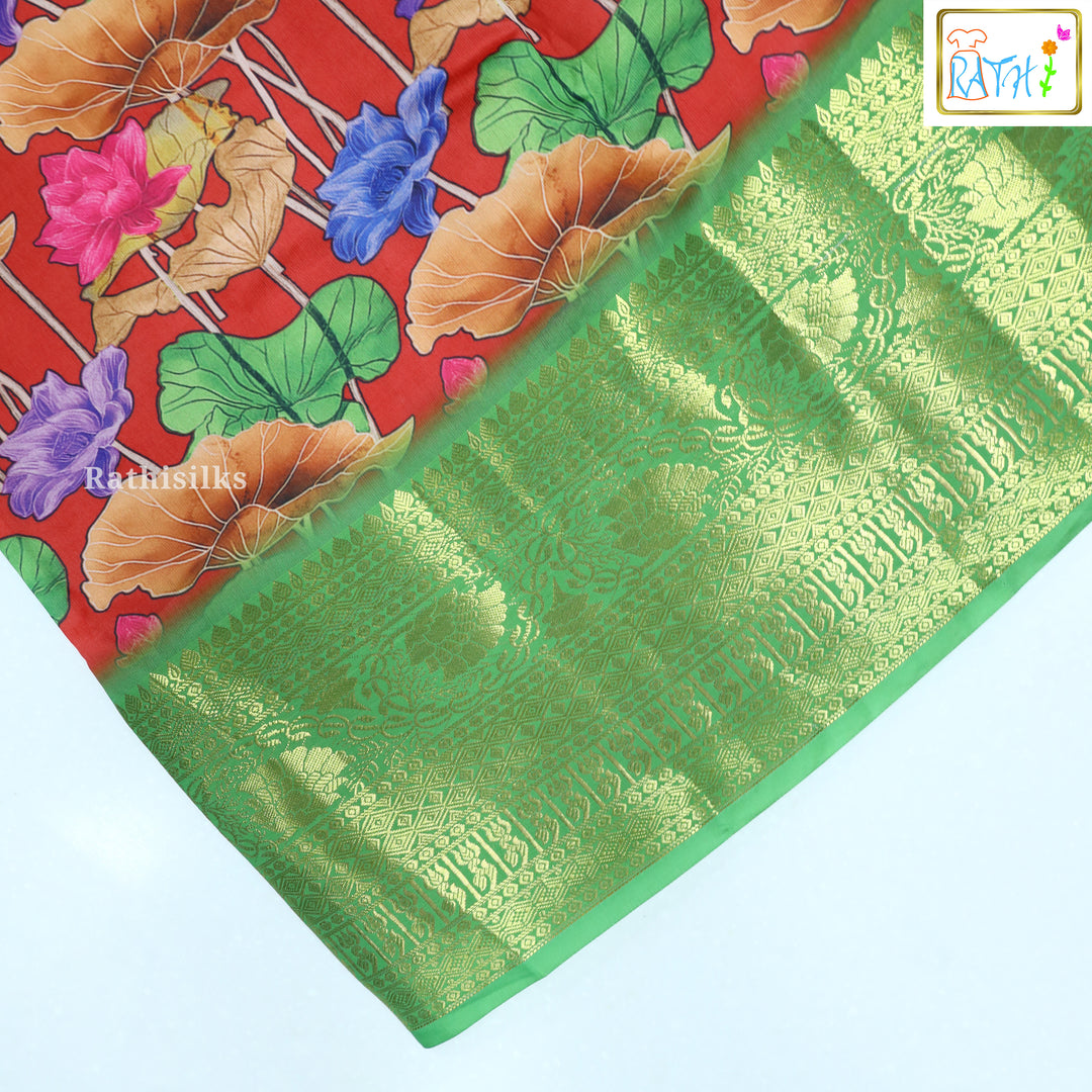 Elegant Green & Coral Art Silk Pavadai Set