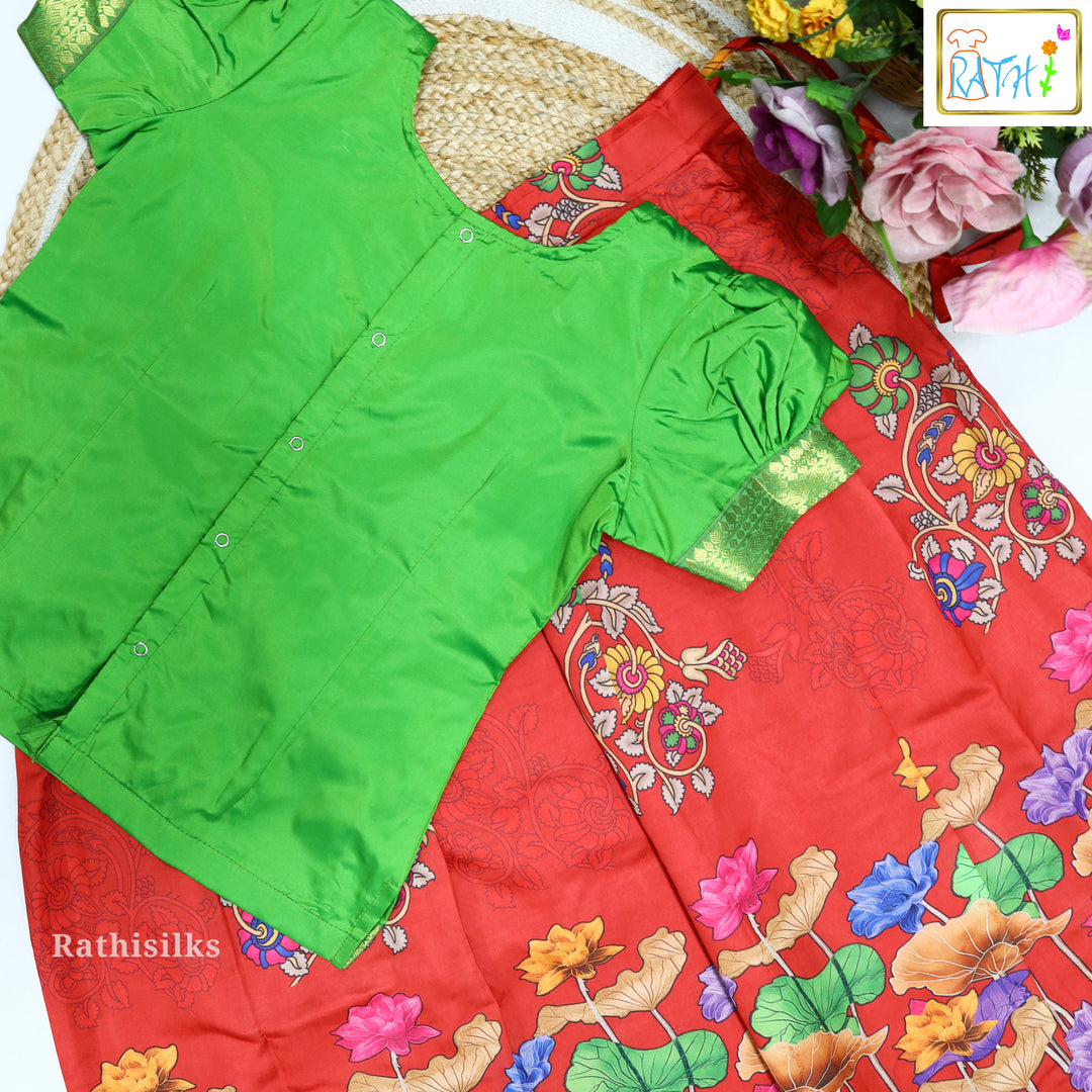 Elegant Green & Coral Art Silk Pavadai Set