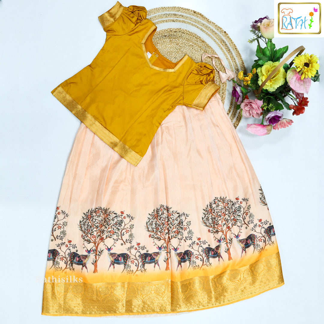 Mustard Blouse &amp; Peach Printed Art Silk Pavadai Set