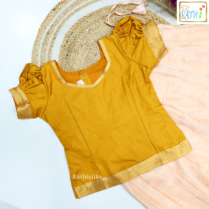 Mustard Blouse &amp; Peach Printed Art Silk Pavadai Set
