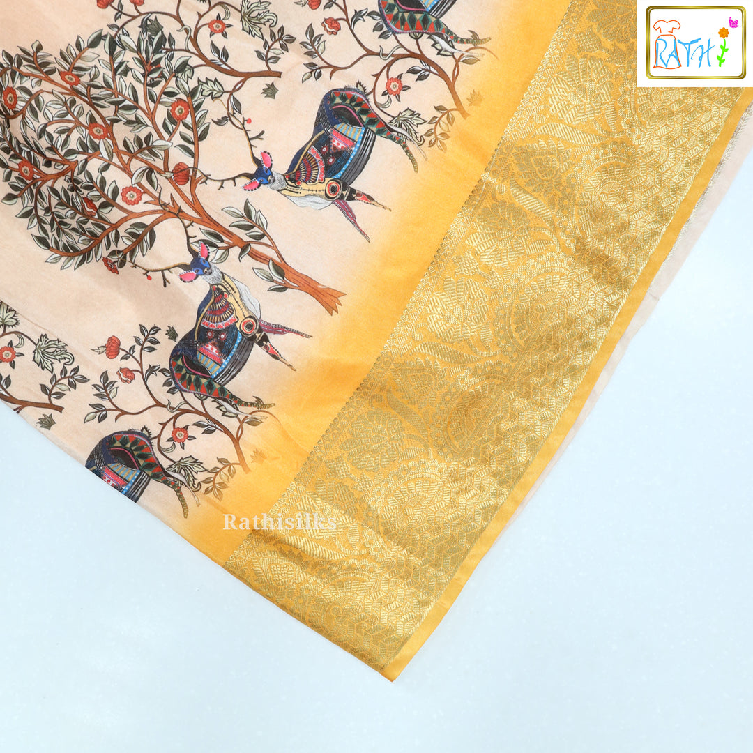 Mustard Blouse &amp; Peach Printed Art Silk Pavadai Set
