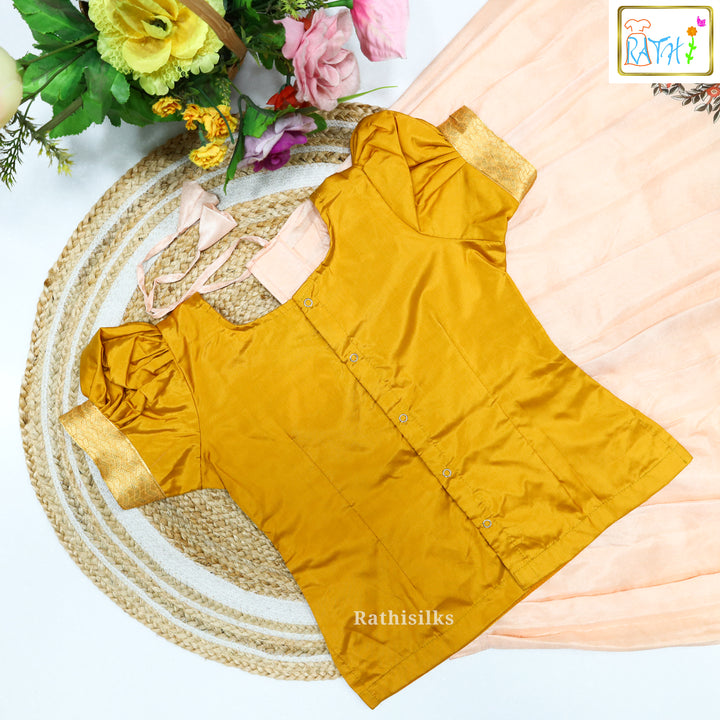 Mustard Blouse &amp; Peach Printed Art Silk Pavadai Set