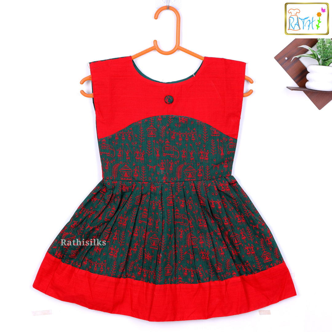 Raditional Red & Green Printed Ethnic Frock