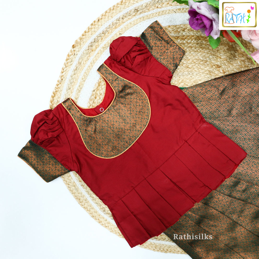 Red Karishma Top with Black Art Silk Pavadai Set