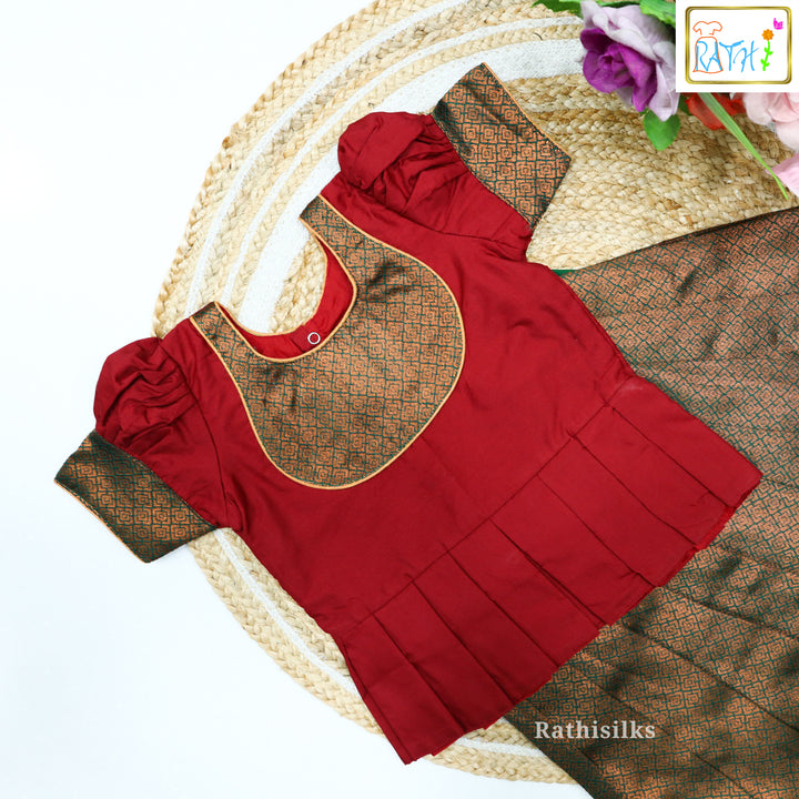 Red Karishma Top with Black Art Silk Pavadai Set